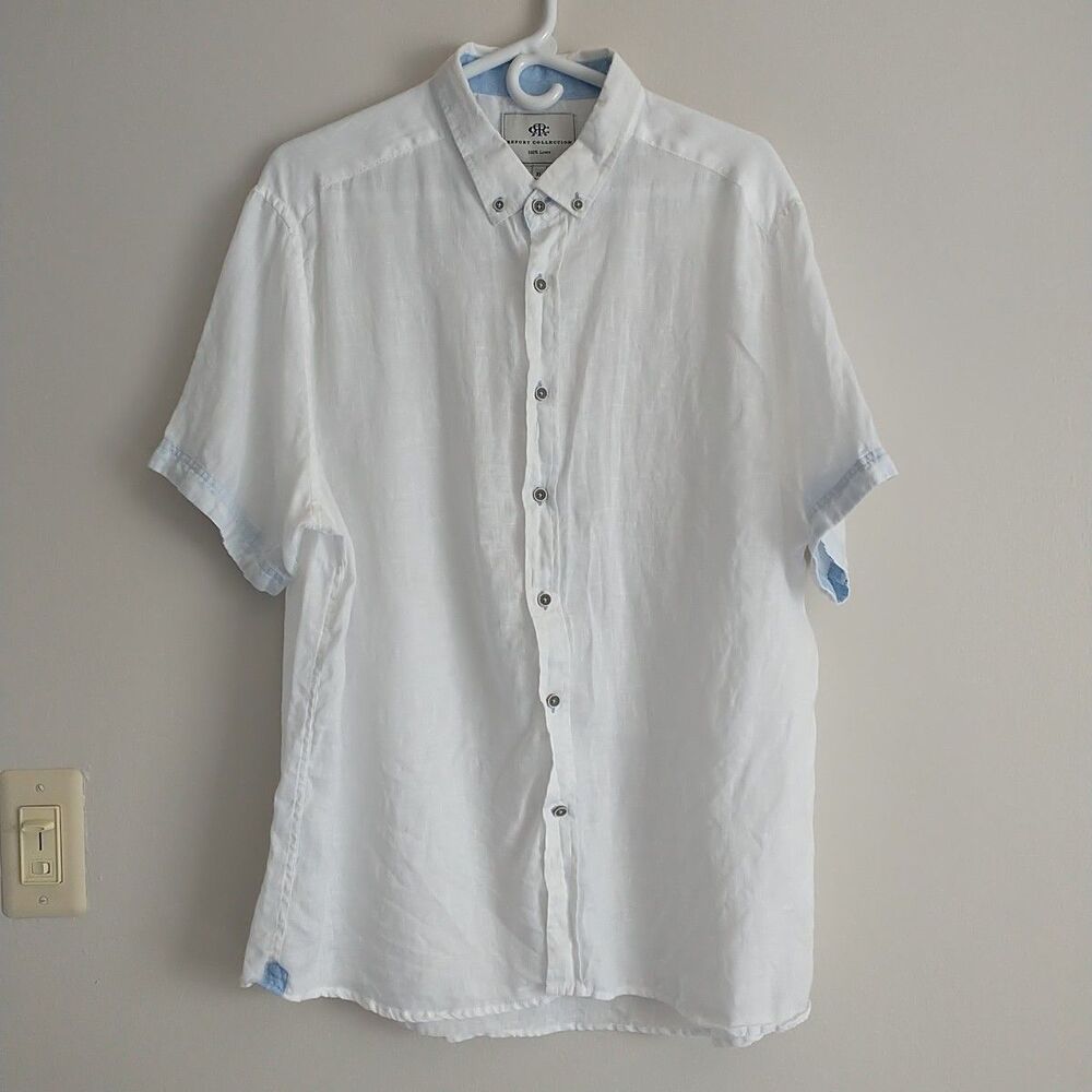 Report Collection Shirt Mens XL White 100% Linen Short Sleeve Button Down Resort